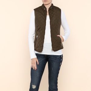 LE3NO Olive Green Puffer Vest Sherpa Lining Sz L